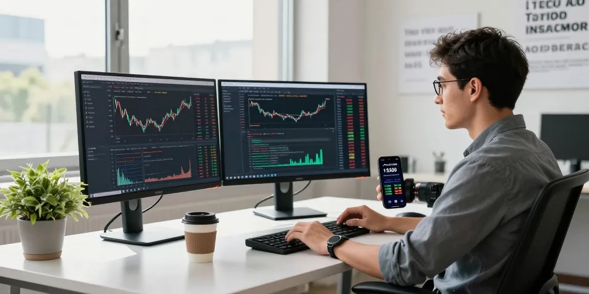 Developer coding with US stock WebSocket API in a modern office setting, showcasing real-time market data.