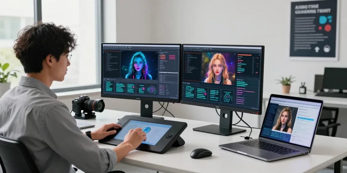 Free AI image detector workspace with data scientist analyzing AI-generated images.