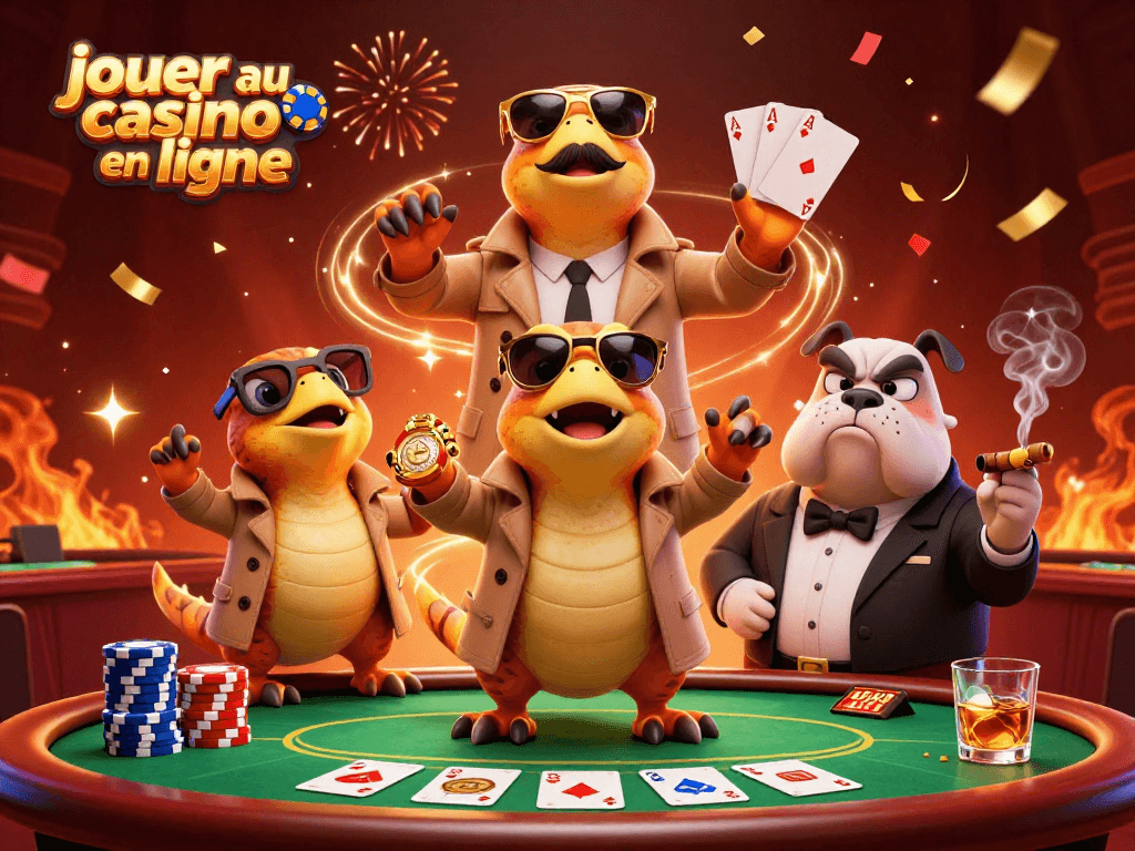 Jouer au casino en ligne avec des raptors amusants et des éléments de poker entourés de confettis.