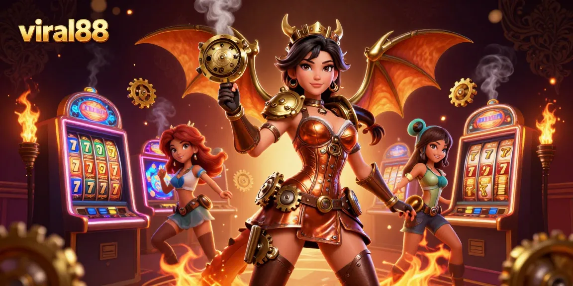 Play exciting slot games at viral88, featuring stunning steampunk characters and vibrant casino elements.