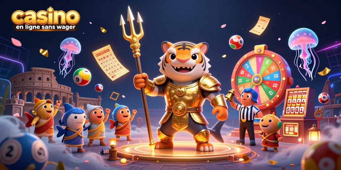 Plongez dans l'univers du casino en ligne sans wager avec un requin tigre en armure dorée et une ambiance festive.