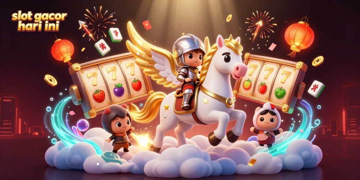 Engage with slot gacor hari ini, featuring a 3D cartoon scene with a celestial horse, spinning slot reels, and festive decorations.