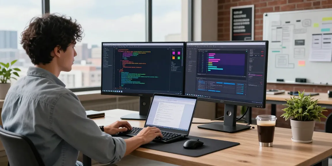 快连 software development workspace featuring a developer at a modern desk, coding on dual monitors in a lively office environment.