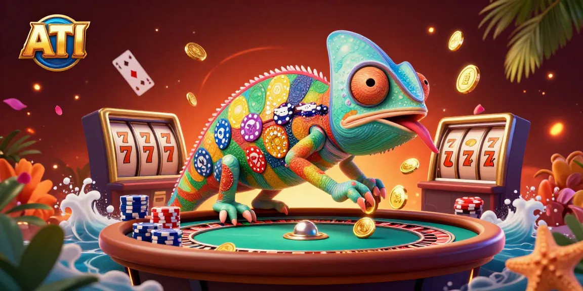 ATI chameleon casino owner catching coins with dynamic slot game elements and vibrant effects