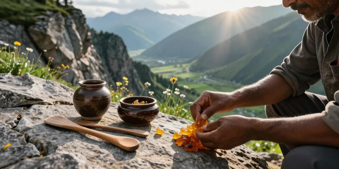 Shilajit resin extraction process in the Himalayas with traditional Ayurvedic tools.