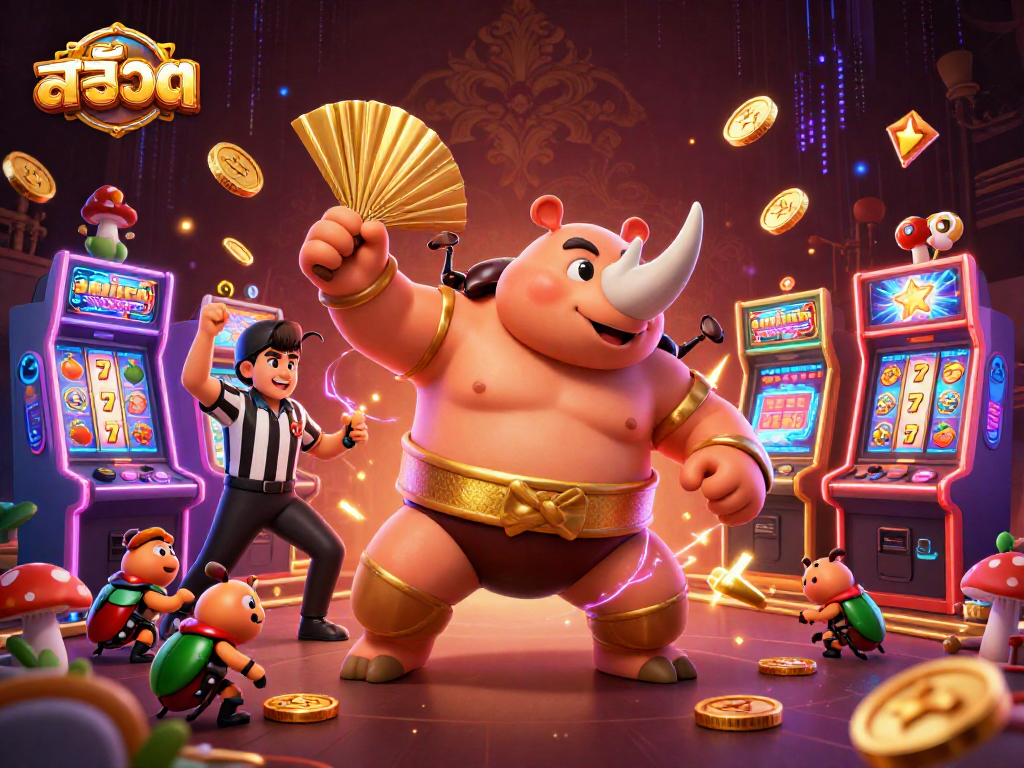 Engage with exciting สล็อต game experiences as a cartoon beetle champion stomps coins into the air.