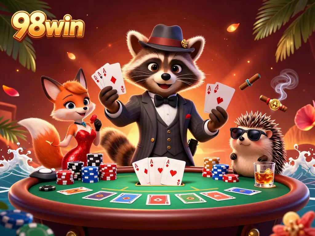 Experience the excitement of 98win with raccoon, fox, and hedgehog characters at a vibrant poker table.