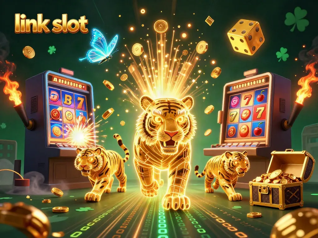 Tampilan menarik permainan link slot dengan simbol mesin slot dan pemandangan kasino digital yang penuh warna.