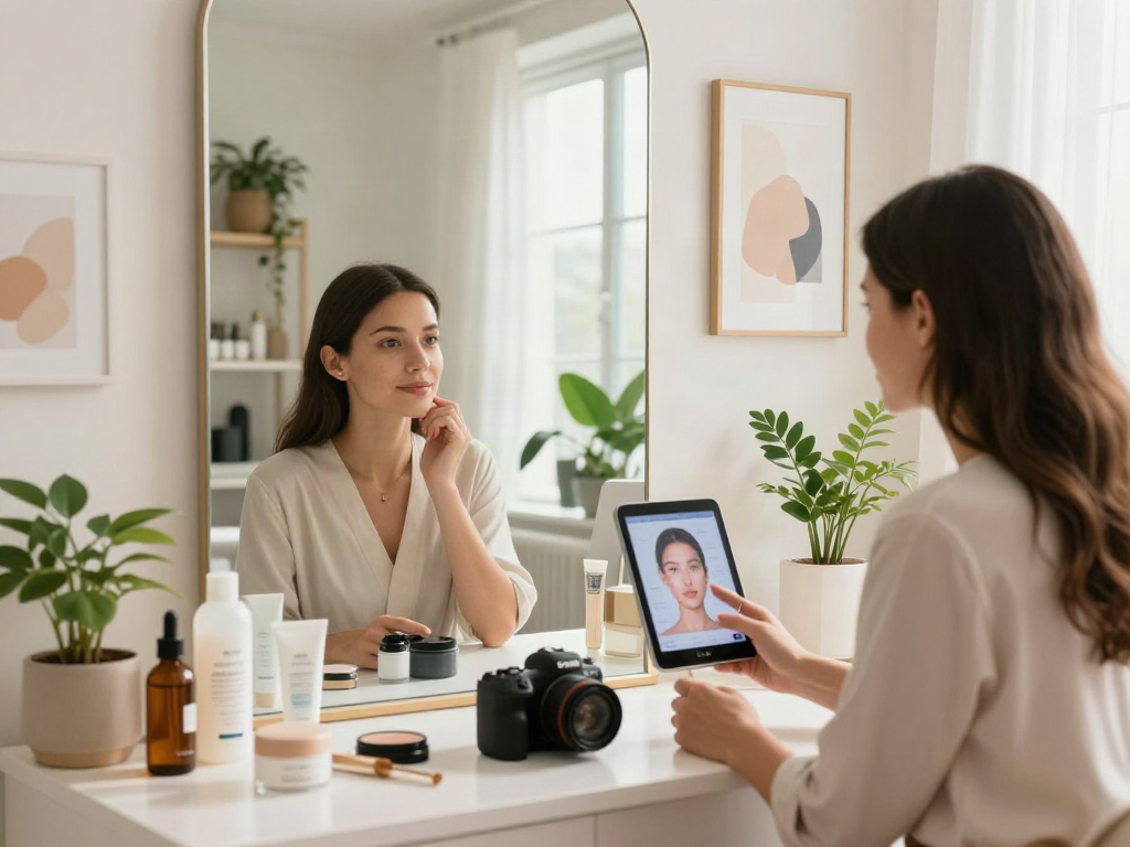 Woman analyzing how old do I look in bright beauty studio with reflections and skincare products.