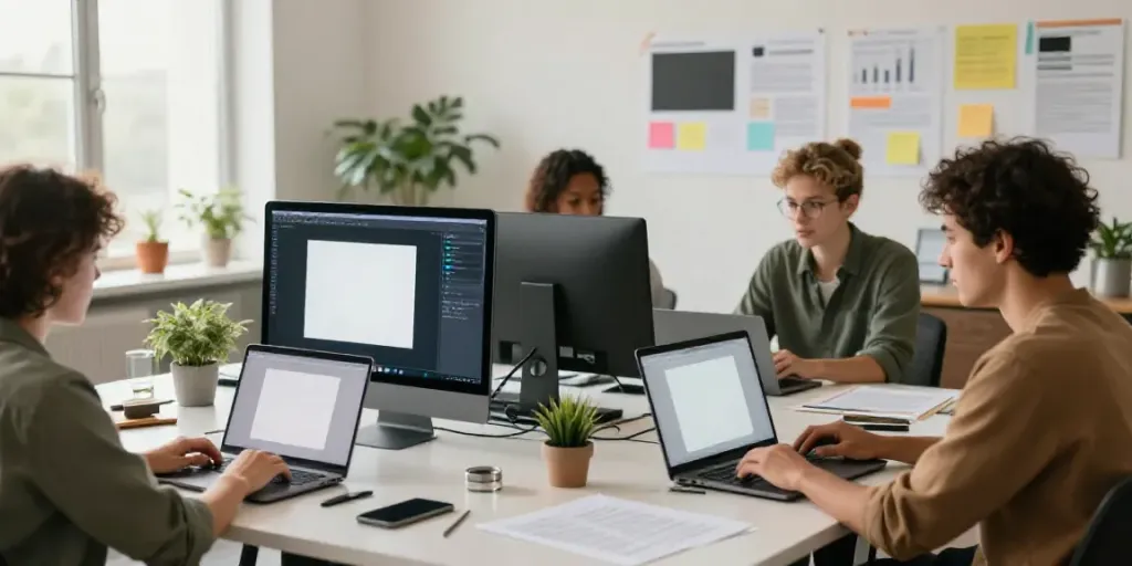 AI explainer articles generator workspace with content creators collaborating and technology in use.