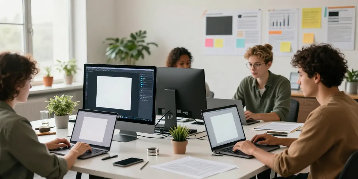 AI explainer articles generator workspace with content creators collaborating and technology in use.