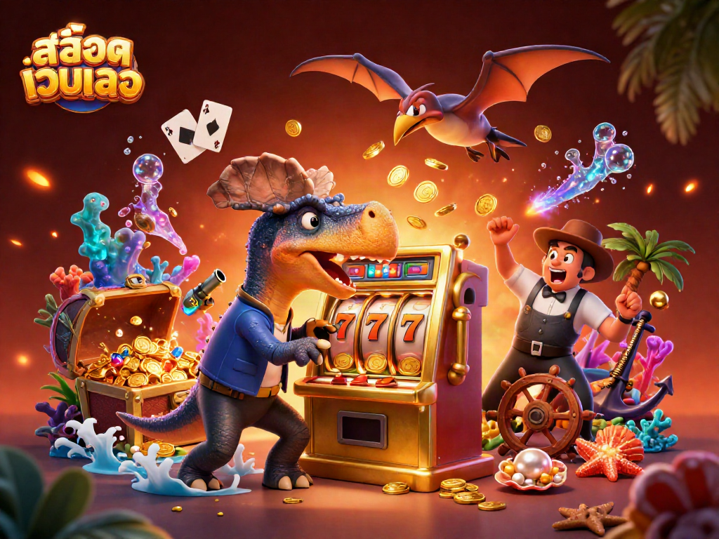 Engaging 3D scene of สล็อตเว็บตรง casino characters interacting with jackpot elements and flying coins