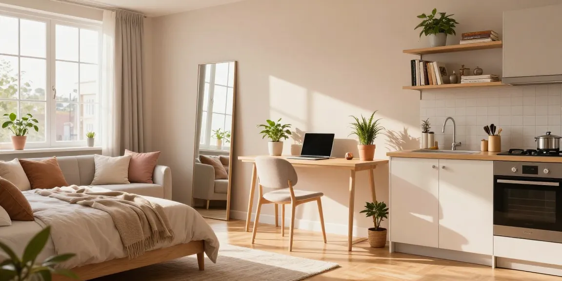 Stylish studio room design showcasing functional elements and warm decor for ideal studio living.