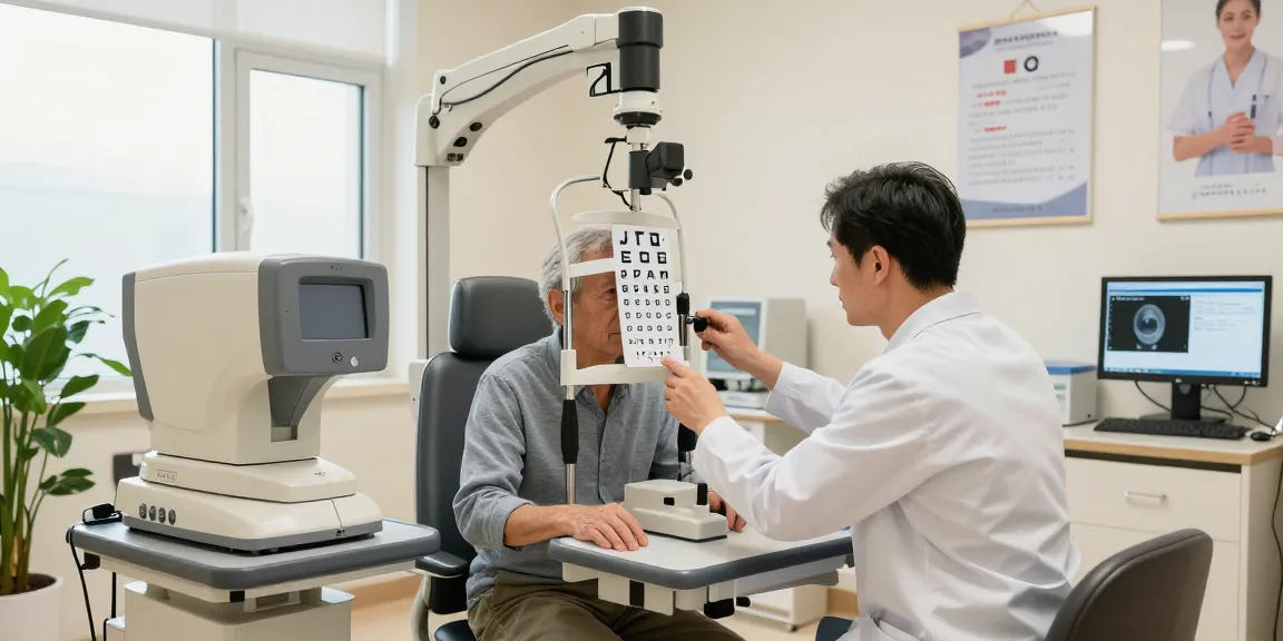 Patient undergoing a 黃斑病變檢查 in a modern eye clinic with advanced equipment and caring staff.