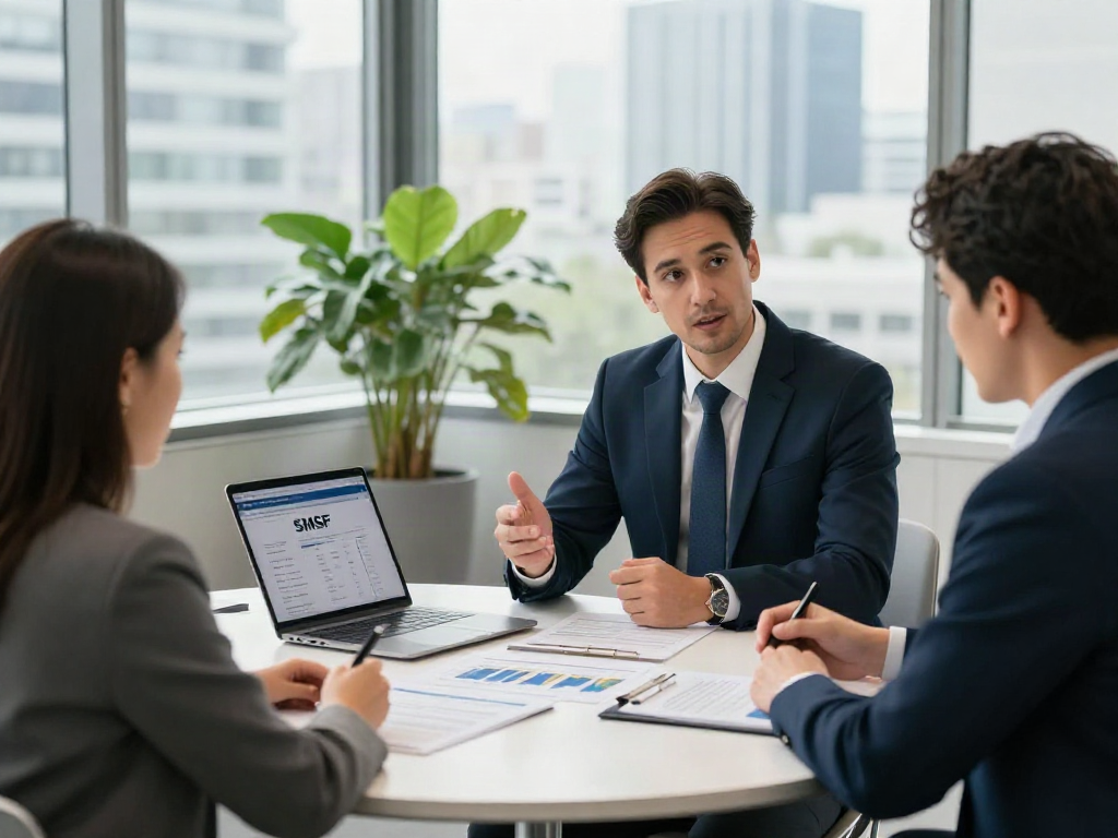 Clients engaging in SMSF set up discussion with financial advisor in modern office.