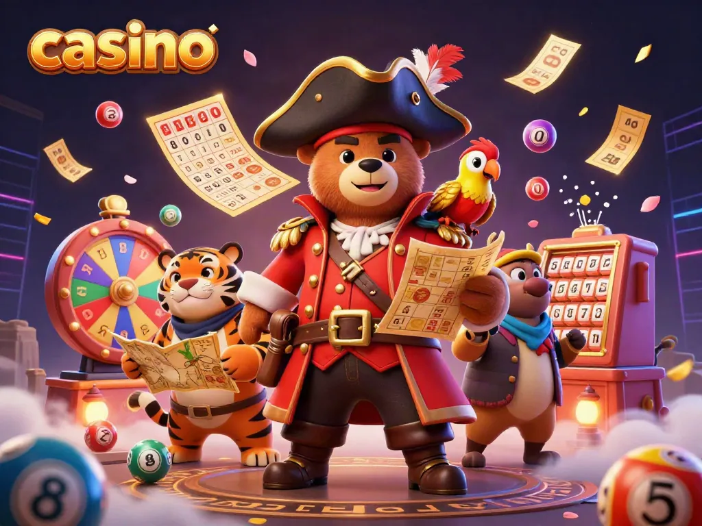 Engage in thrilling casino adventures with a pirate captain bear, tiger first mate, and lively lottery elements.