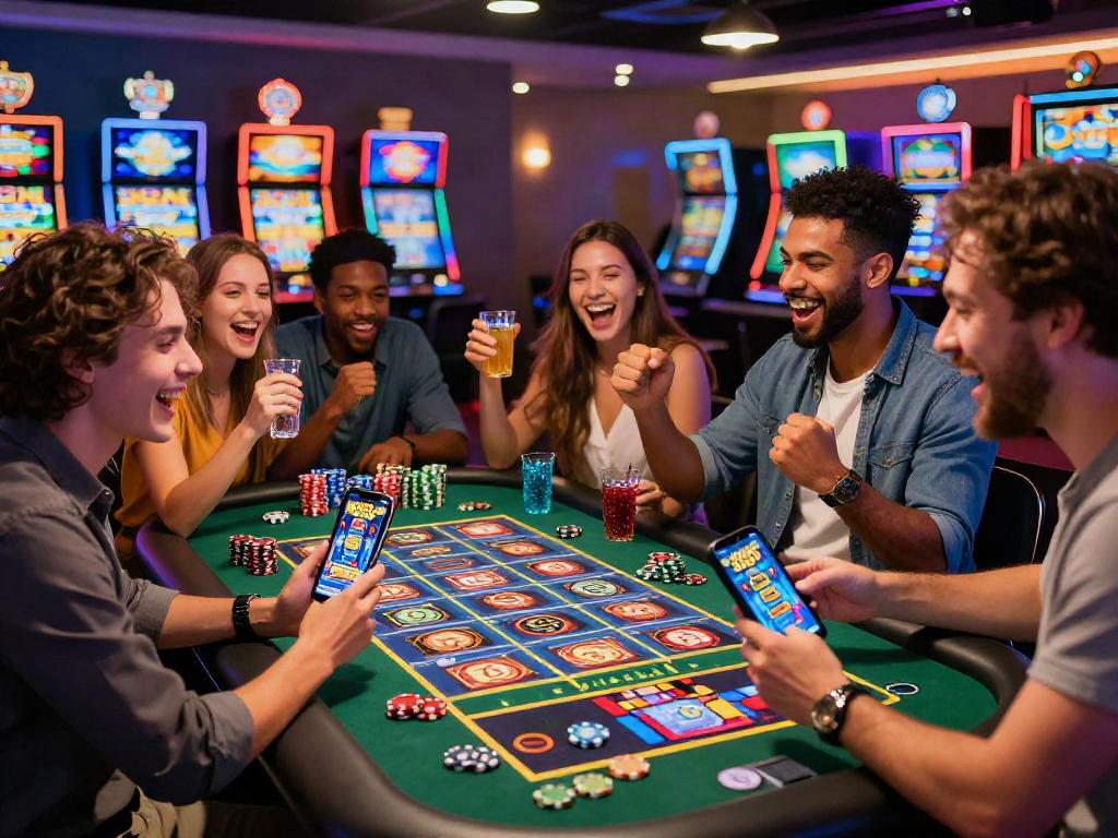 Excited group playing MEGA SLOT in a colorful casino setting.