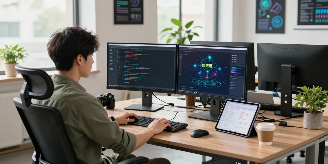 快连 software engineer working on network optimization in a modern office environment with dual monitors and natural light