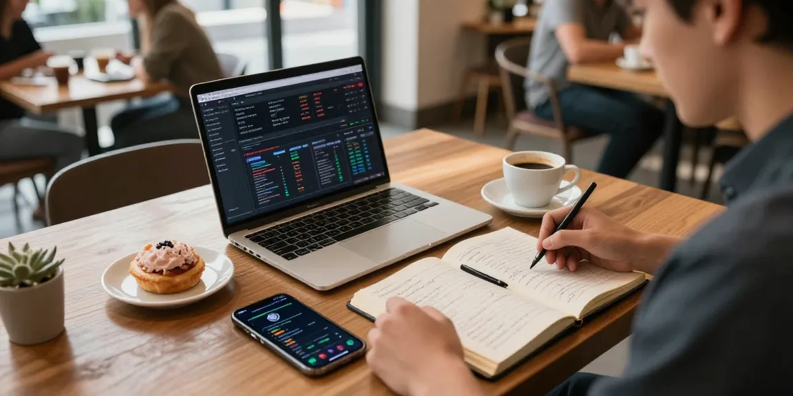 Cricbet99 cryptocurrency trading workspace in a cozy coffee shop, loaded with laptops, digital wallets, and market analytics.