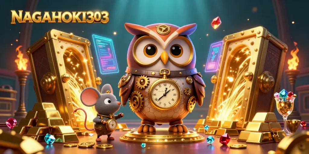 Permainan slot di NAGAHOKI303 dengan karakter hibrida steampunk yang atraktif.