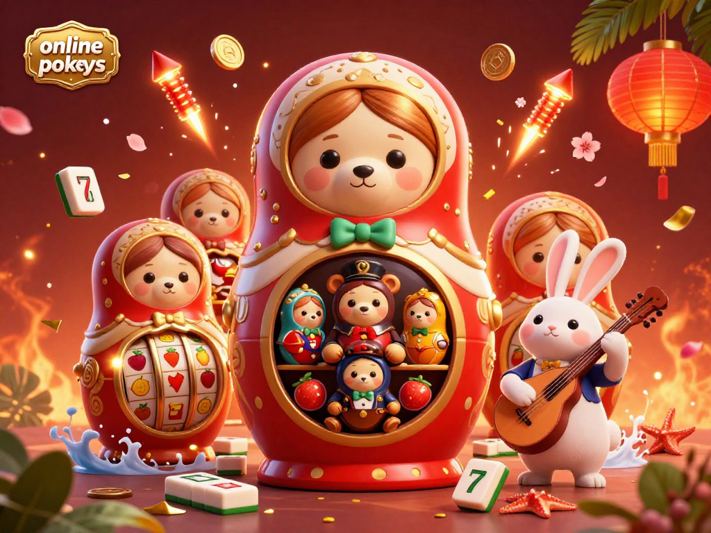 Experience online pokies with engaging casino imagery showcasing lively characters, slot symbols, and festive decorations.