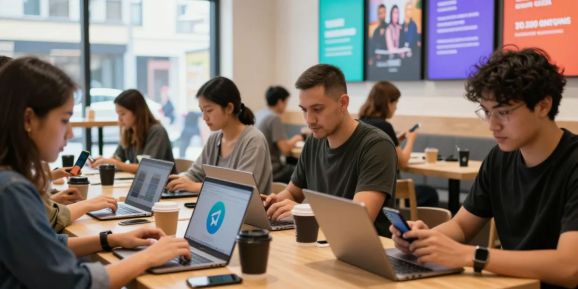 Telegram china 2026 users enjoying a vibrant cyber café, engaging with their devices while communicating and networking.