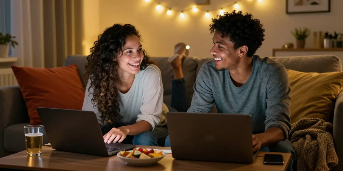 Free AI sex chat engaging couple in cozy living room setting, showcasing digital intimacy