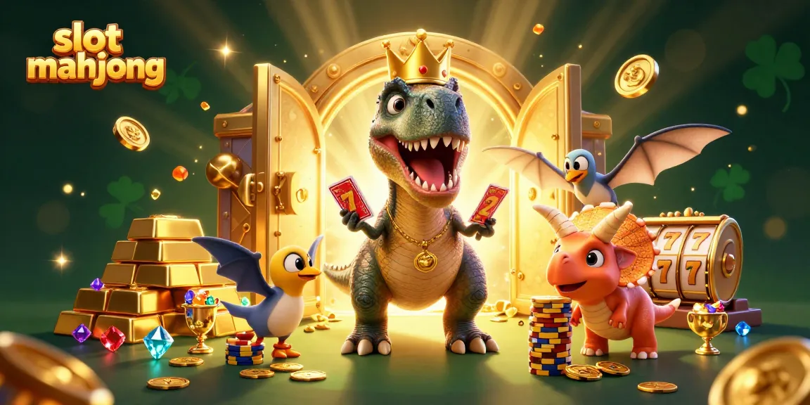 Experience the excitement of slot mahjong with a whimsical T-Rex and friends amid treasures and vibrant slots.