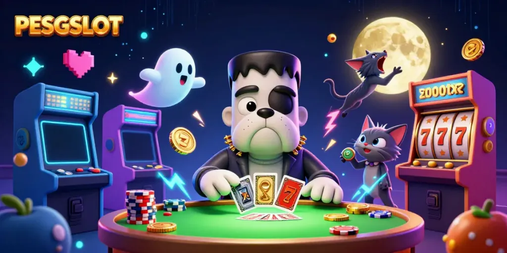 Gambar PESGSLOT yang menunjukkan karakter monster bulldog dan elemen mesin slot di latar belakang kasino.