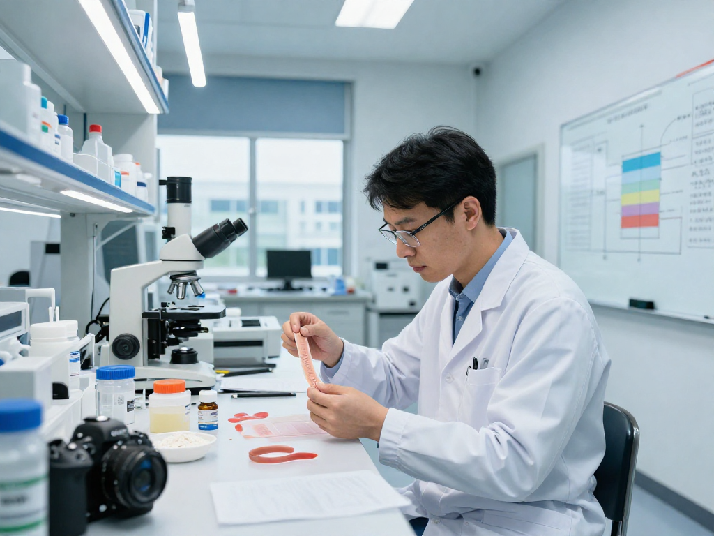 Scientist exploring TB 500 benefits through innovative buccal strip technology in a laboratory.
