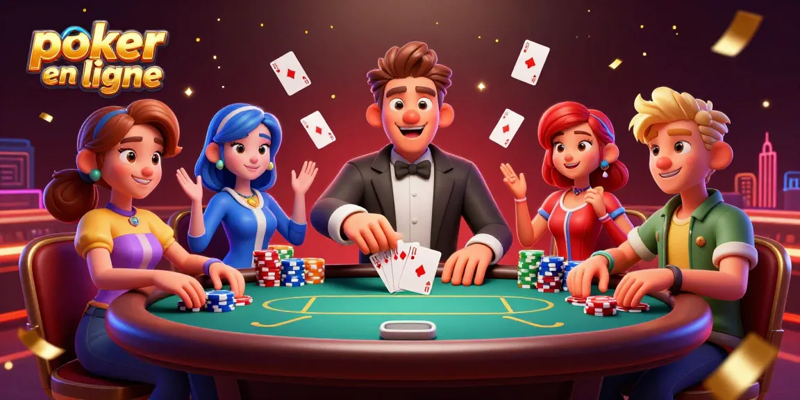 Jouez au poker en ligne sur une table animée, entourée de joueurs passionnés et de cartes gagnantes.