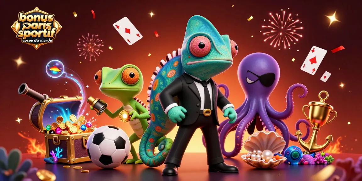 Bonus paris sportif coupe du monde : mise en scène ludique avec un caméléon agent secret et des éléments de paris sportifs.
