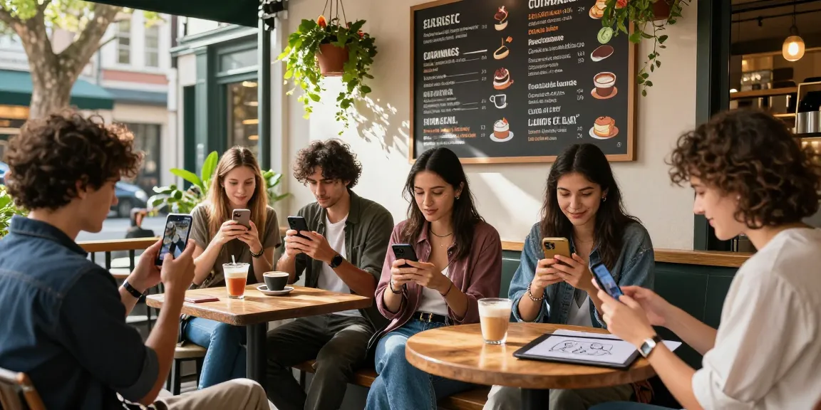 Friends enjoying a vibrant café atmosphere at batmanloyal.com, engaging with smartphones and sharing moments in a trendy setting.