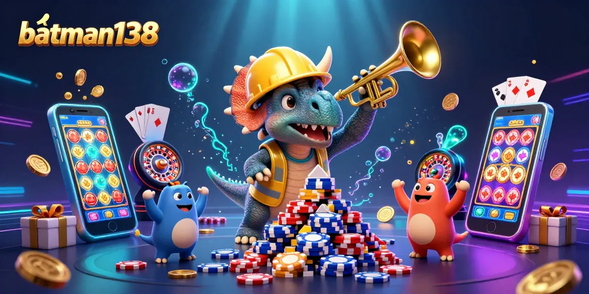 Join the excitement of batman138 with a triceratops building poker chip towers amid casino game elements.