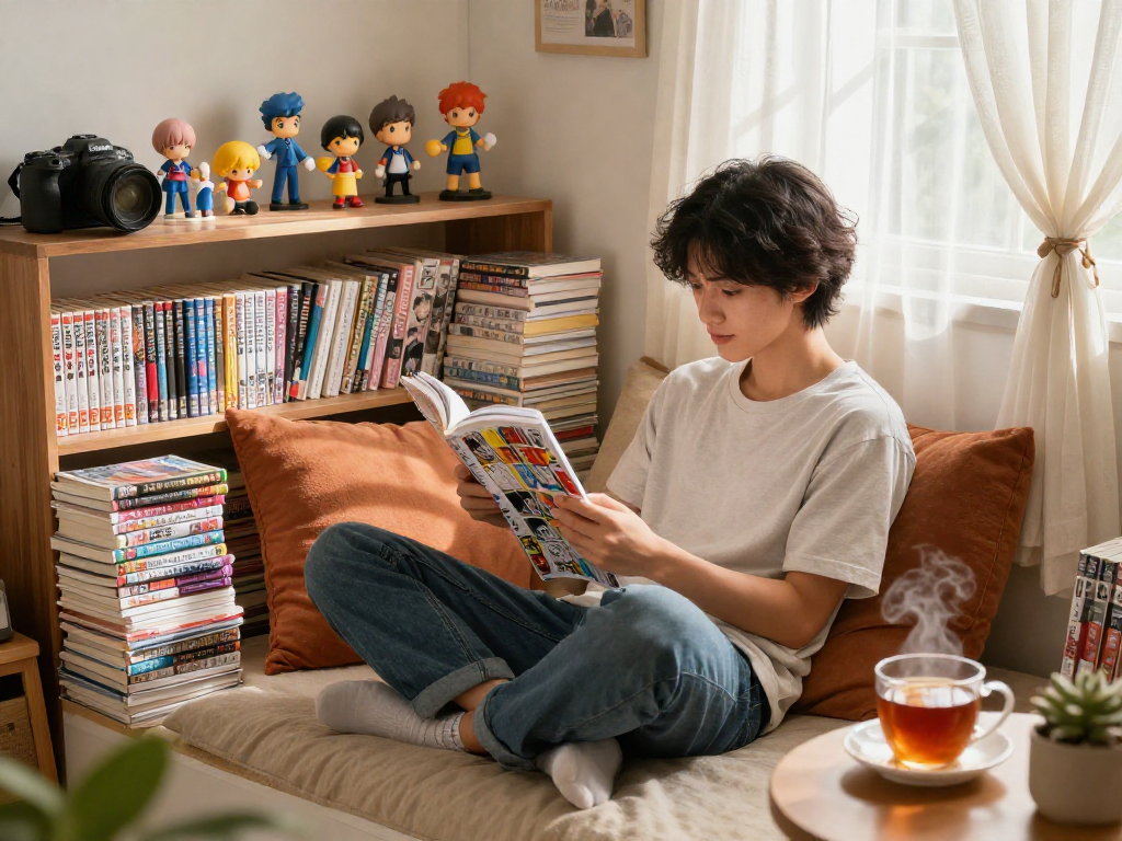 A cozy manga reading nook featuring colorful manga and a person enjoying a comic, inviting atmosphere, focusing on manga culture and creativity, View Page.
