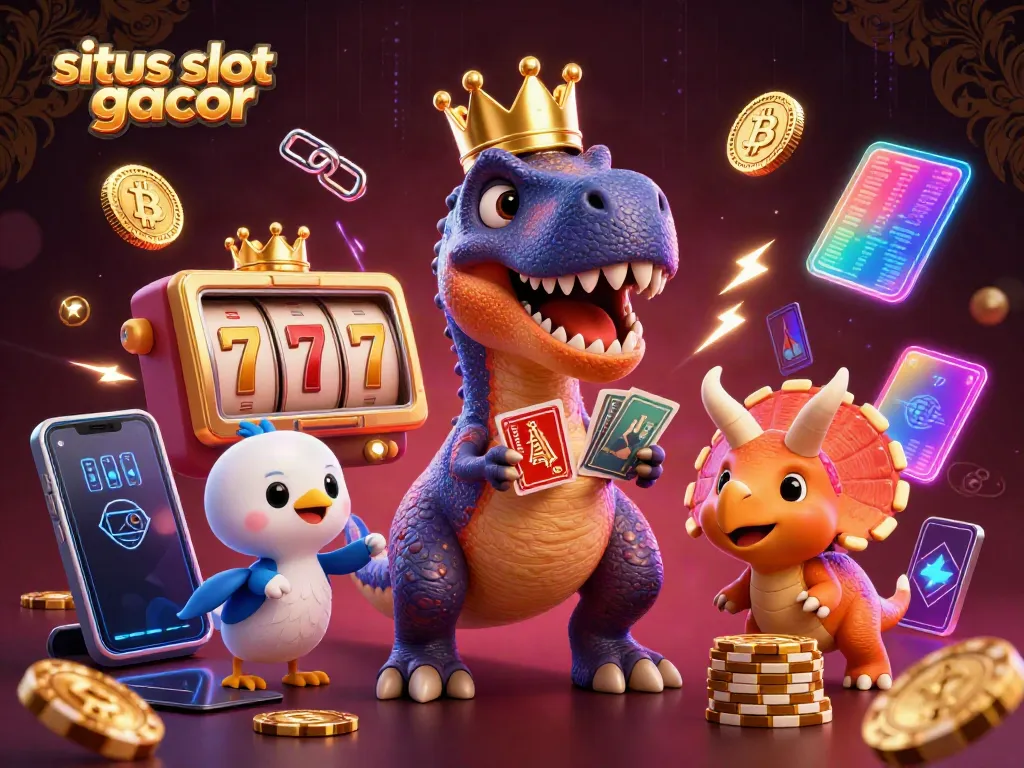 Engage with situs slot gacor as a T-Rex shuffles cards, while friends assist in this vibrant casino scene.