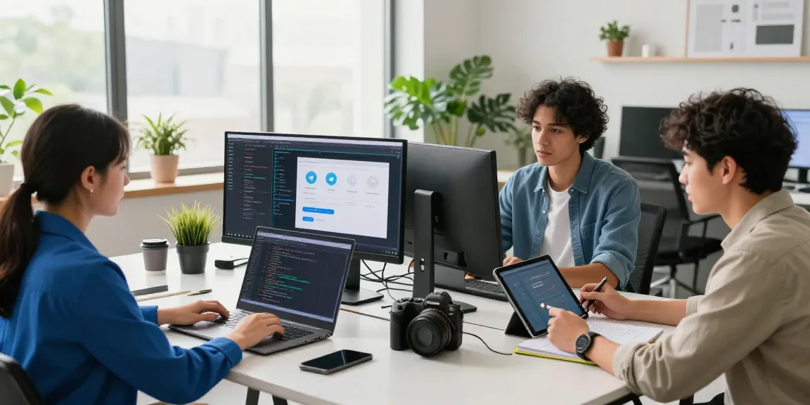 Developers collaborating on telegramin-cn.com interface in a modern workspace