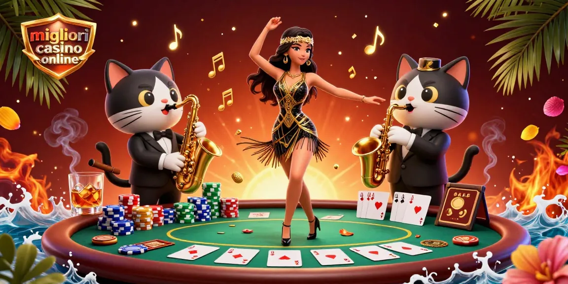 Scopri l'emozione dei migliori casino online con una ballerina flapper e un gatto jazz al tavolo da poker vivace.