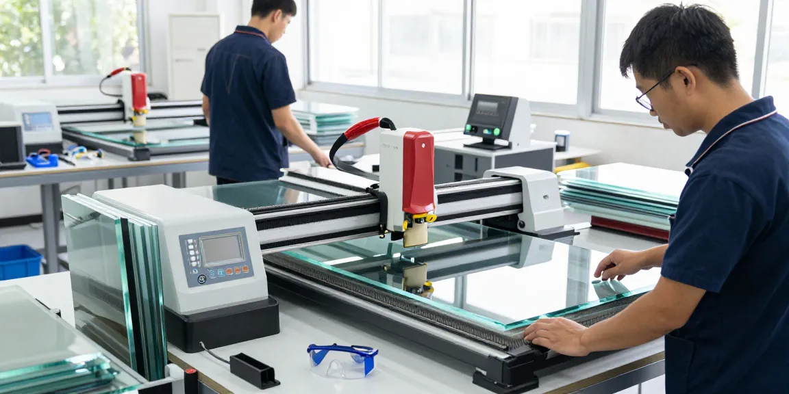 Technician operating glass cutting machine in a modern workshop environment