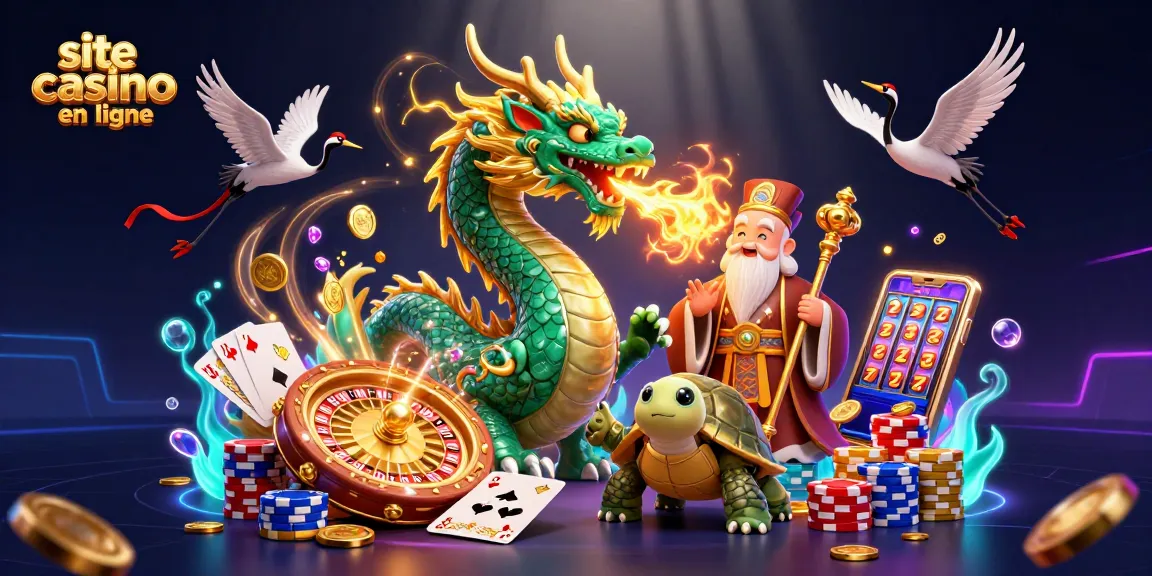 Vivez l'expérience immersive d'un site casino en ligne avec un dragon de jade et des éléments de jeu scintillants.