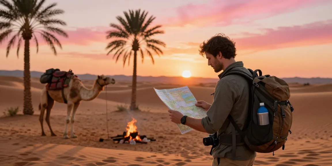 Traveler exploring a desert oasis at sunset with a map and gear, evoking a sense of adventure and discovery with slot for travelers.