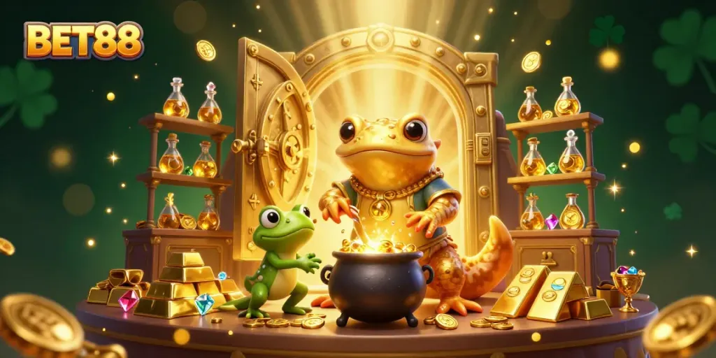 Experience thrilling wins at BET88 with a magical alchemist scene full of treasures and gambling excitement.