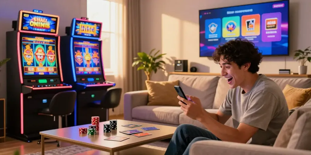 Pengalaman bermain Situs PG dengan mesin slot warna-warni di ruang tamu yang nyaman.
