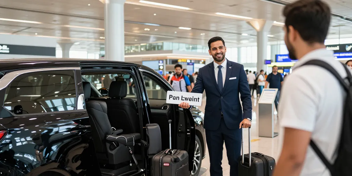 Airport chauffeur service in Dubai with professional driver welcoming passenger at airport.