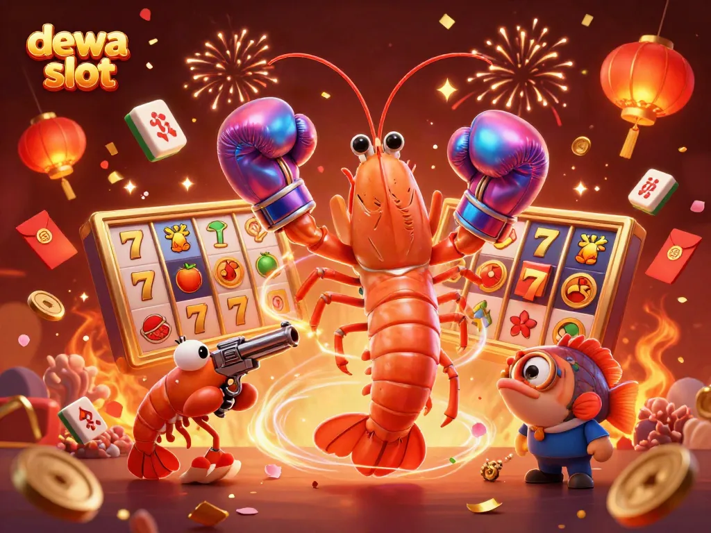 Menangkan di Dewa Slot dengan mantis dan karakter lainnya merayakan jackpot.