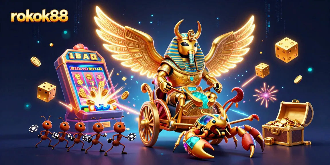 Spin to win at rokok88 with a dazzling scene of golden Egyptian-themed casino elements.