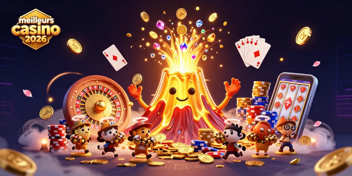 Merveilleuse illustration 3D des meilleurs crypto casinos 2026, montrant un volcan doré émettant des trésors.