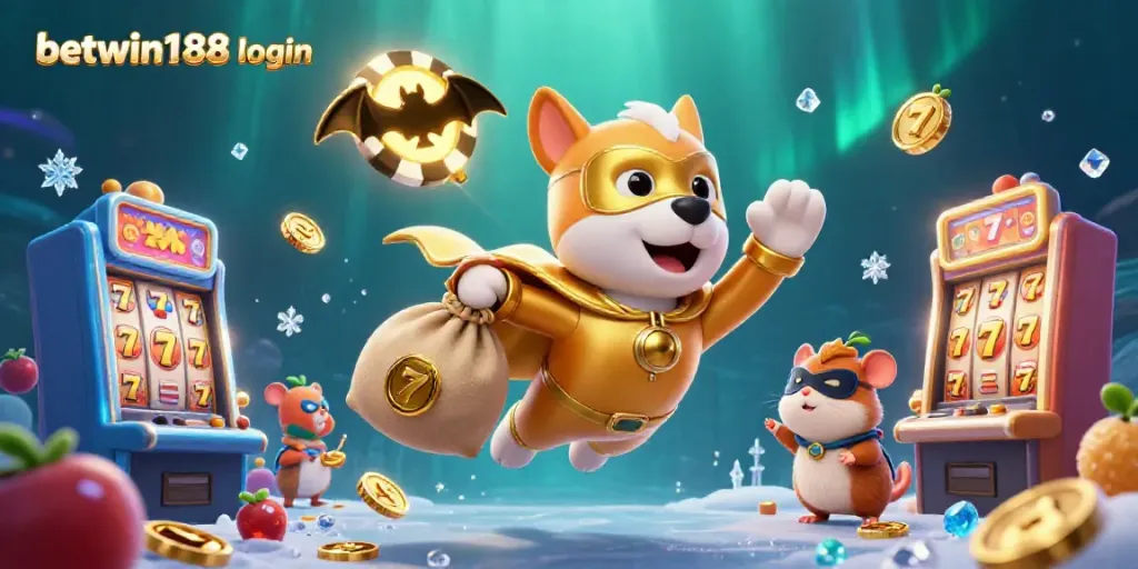 Aktifkan betwin188 login dengan gambar superhero yang menang di mesin slot yang dikelilingi simbol keberuntungan.