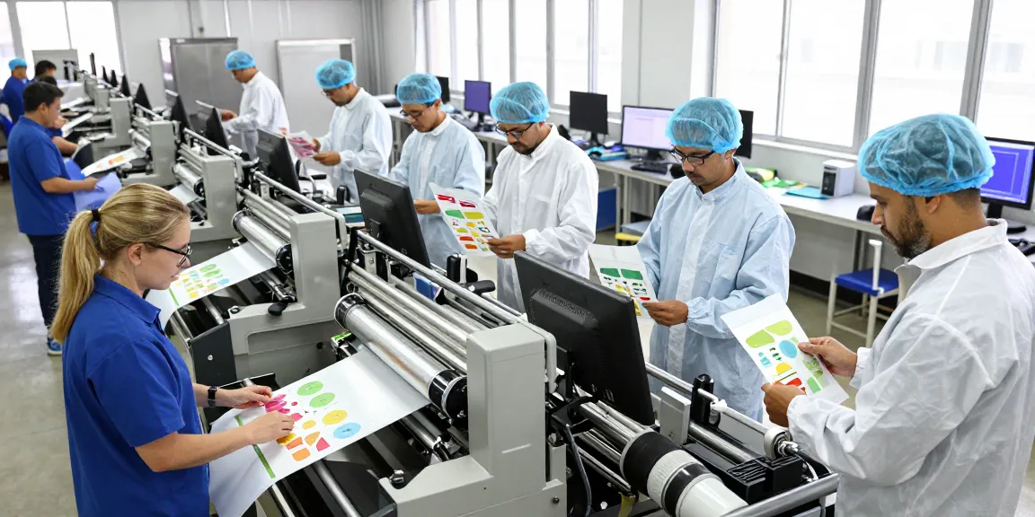 Flat bottom bags production in a flexible packaging facility with diverse team and advanced machinery.