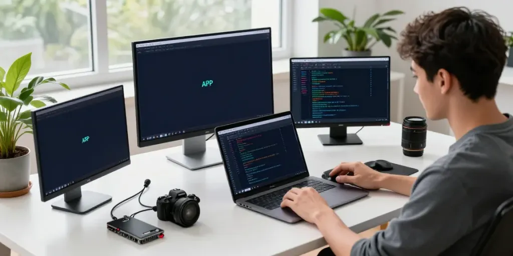 Developer examining open-source apps at h5.2113.net workspace, showcasing multiple screens and tech tools.